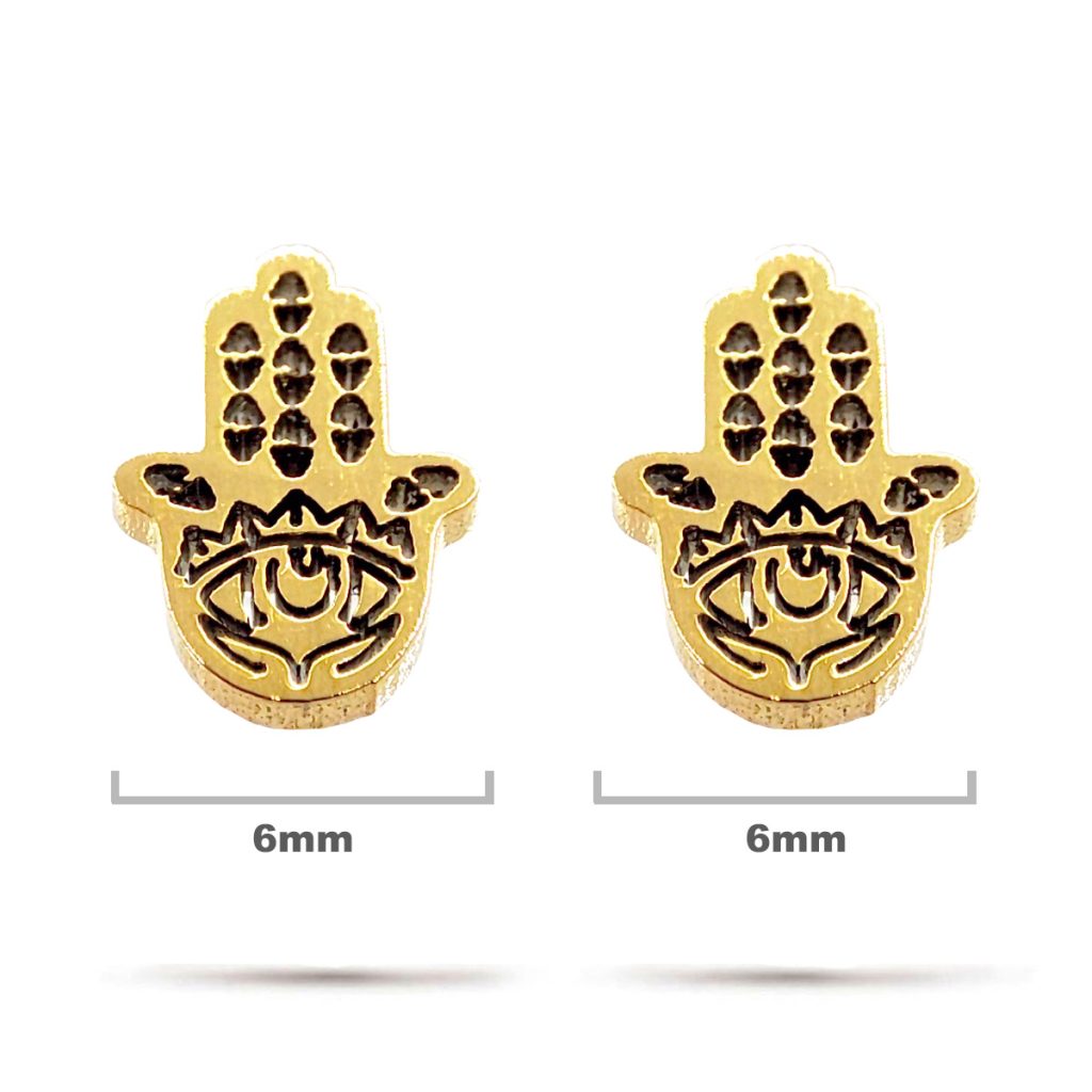 Aretes Acero Inox Dorado Broquel Mano Fatima Ojo Turco 1