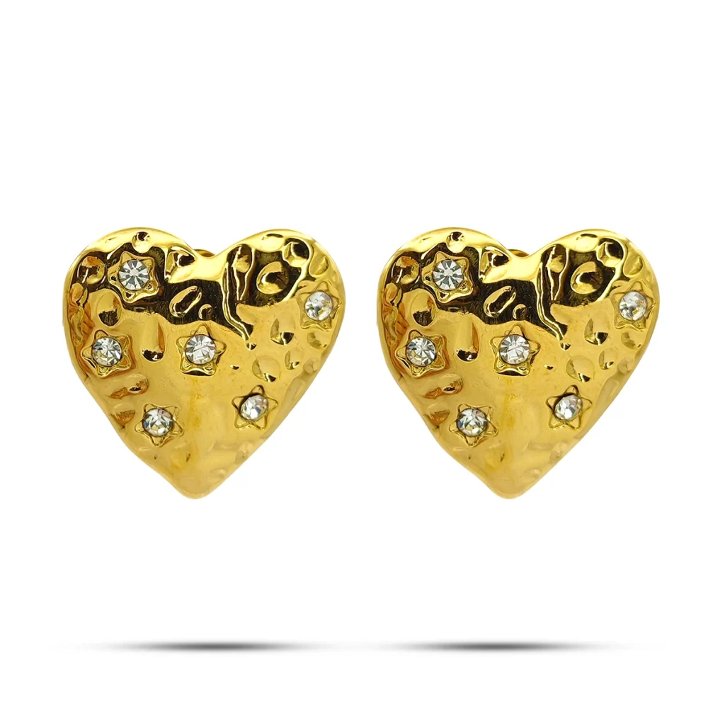 Aretes Acero Inox Dorado Corazon Martillado Cristales 4