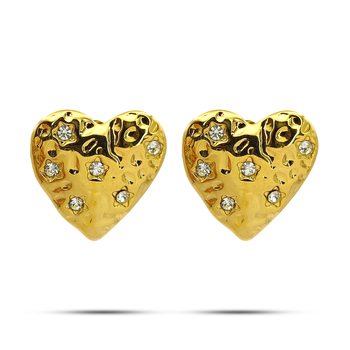Aretes Acero Inox Dorado Corazon Martillado Cristales 4