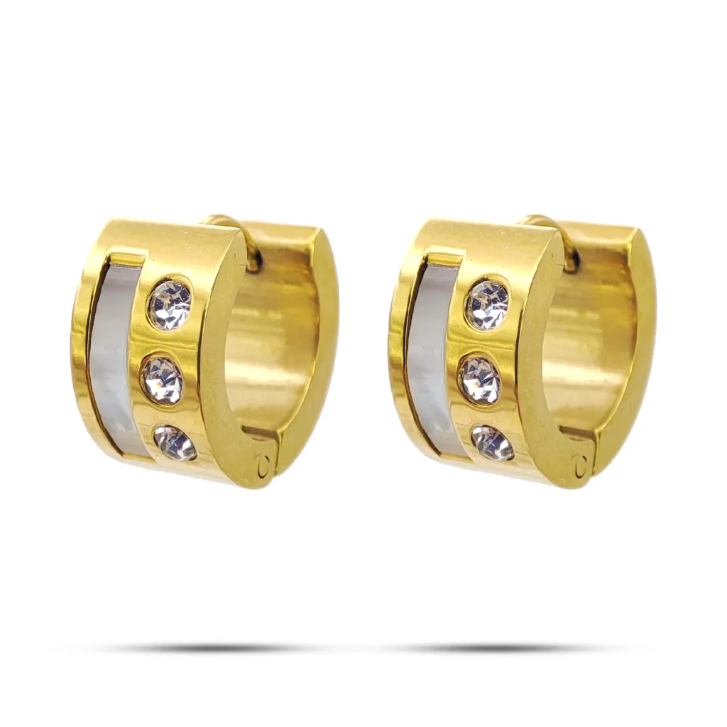 Aretes Acero Inox Dorado Huggies Madre Perla Cristales 2