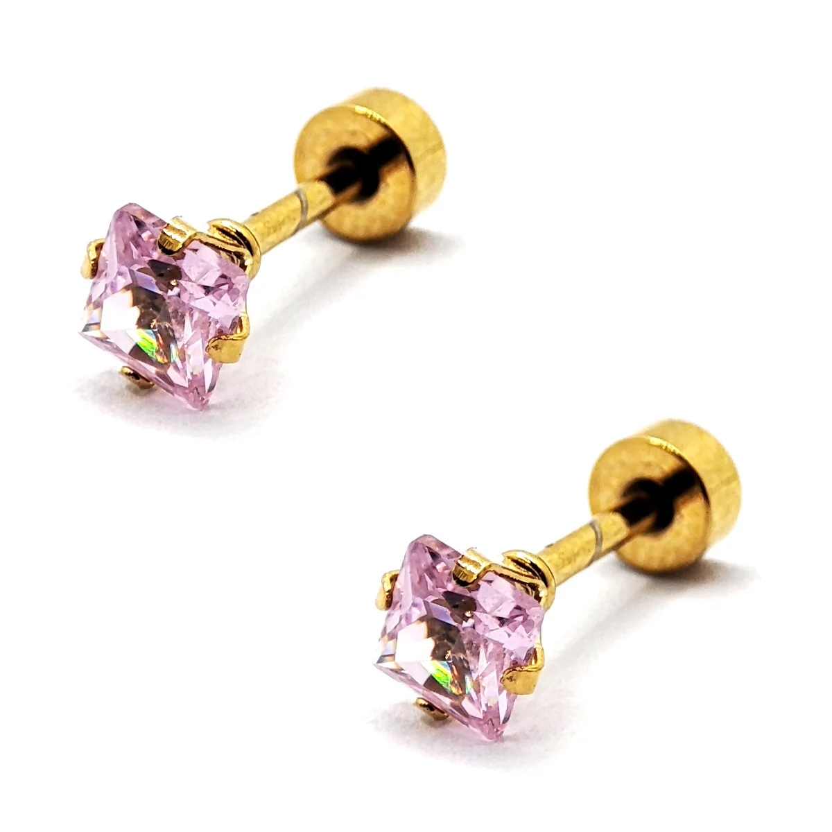 Aretes Acero Inox Dorado Tipo Broquel Cuadrado Rosa 2