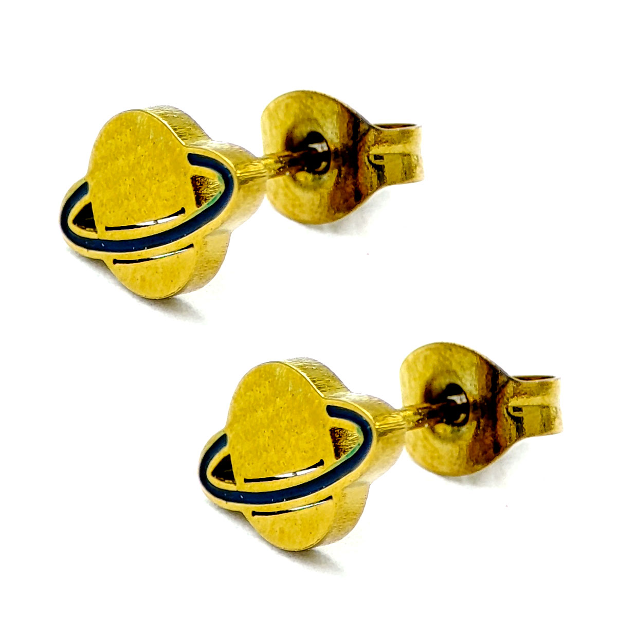 Aretes Acero Inox Dorado Tipo Broquel Planeta Saturno 2