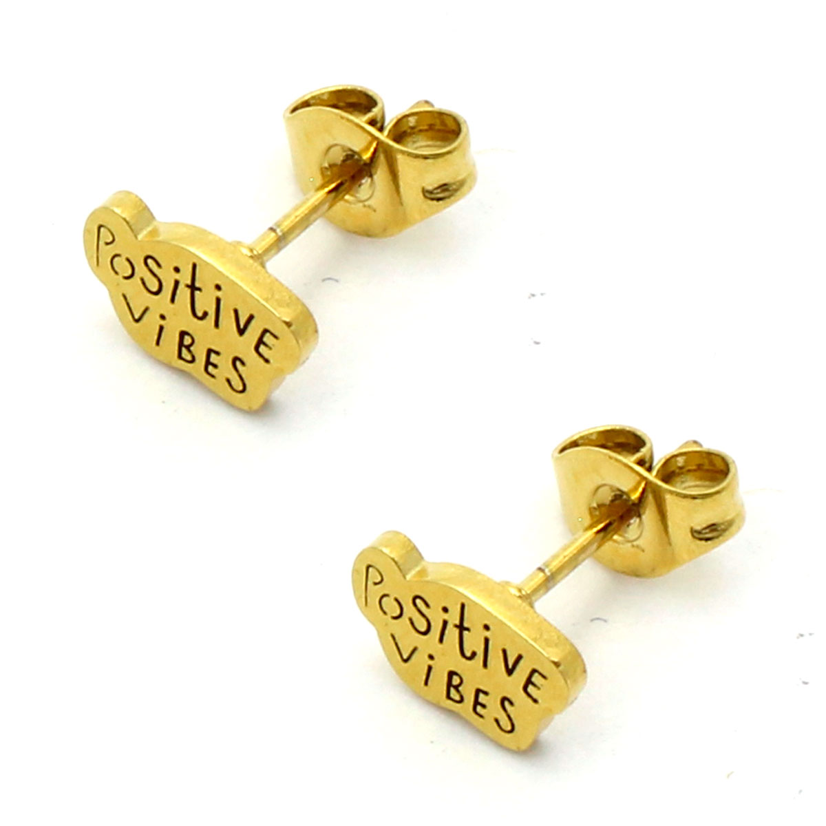 Aretes Acero Inox Dorado Tipo Broquel Positive Vibes 2