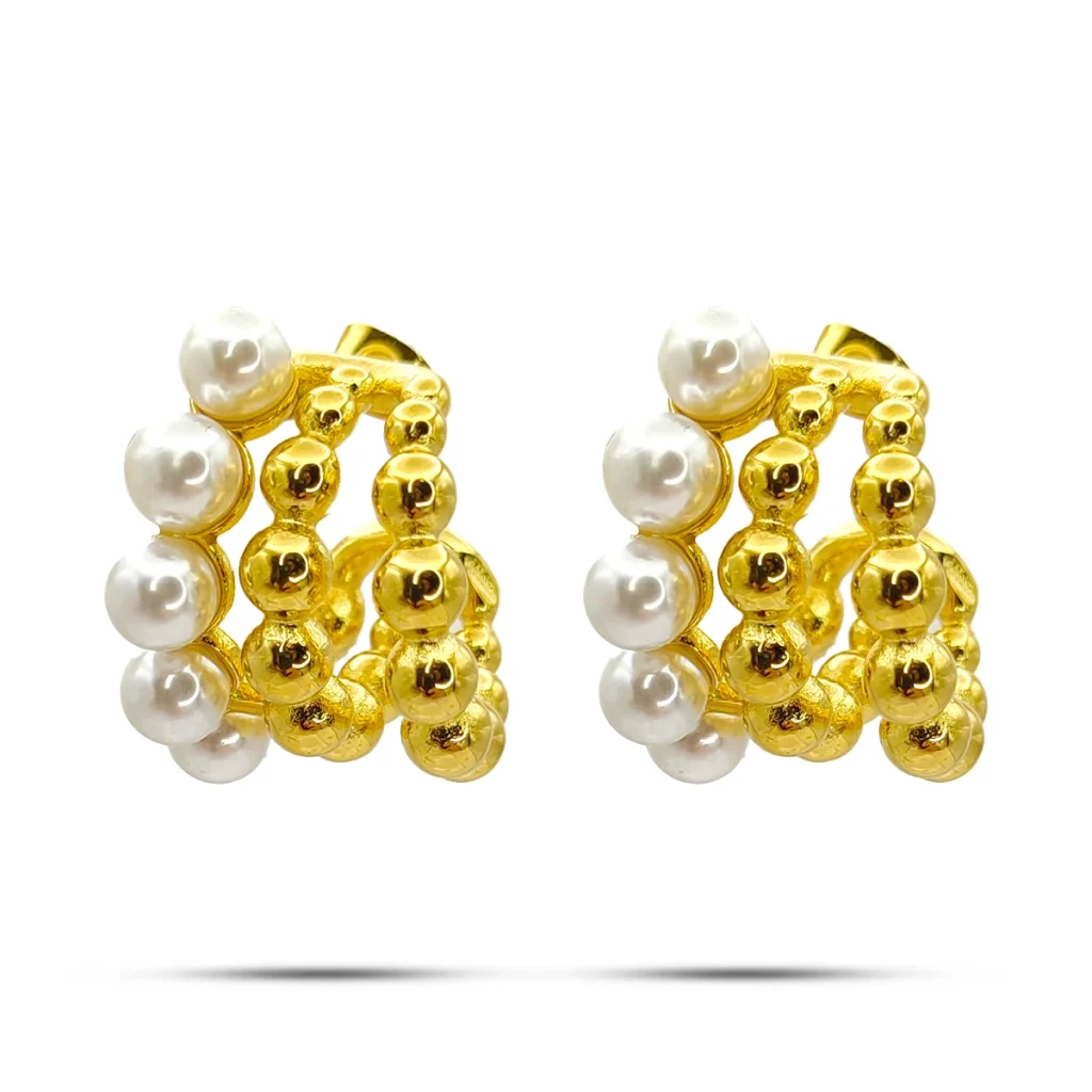 Aretes Acero Inox Dorado Triple Arracada Perlas Balines 7