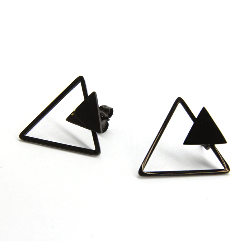 Aretes Acero Inox Negro Triangulo Doble Hueca Minimalista 2