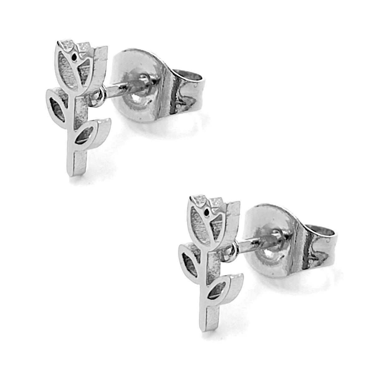 Aretes Acero Inox Plateado Tipo Broquel Flor Tulipan 2