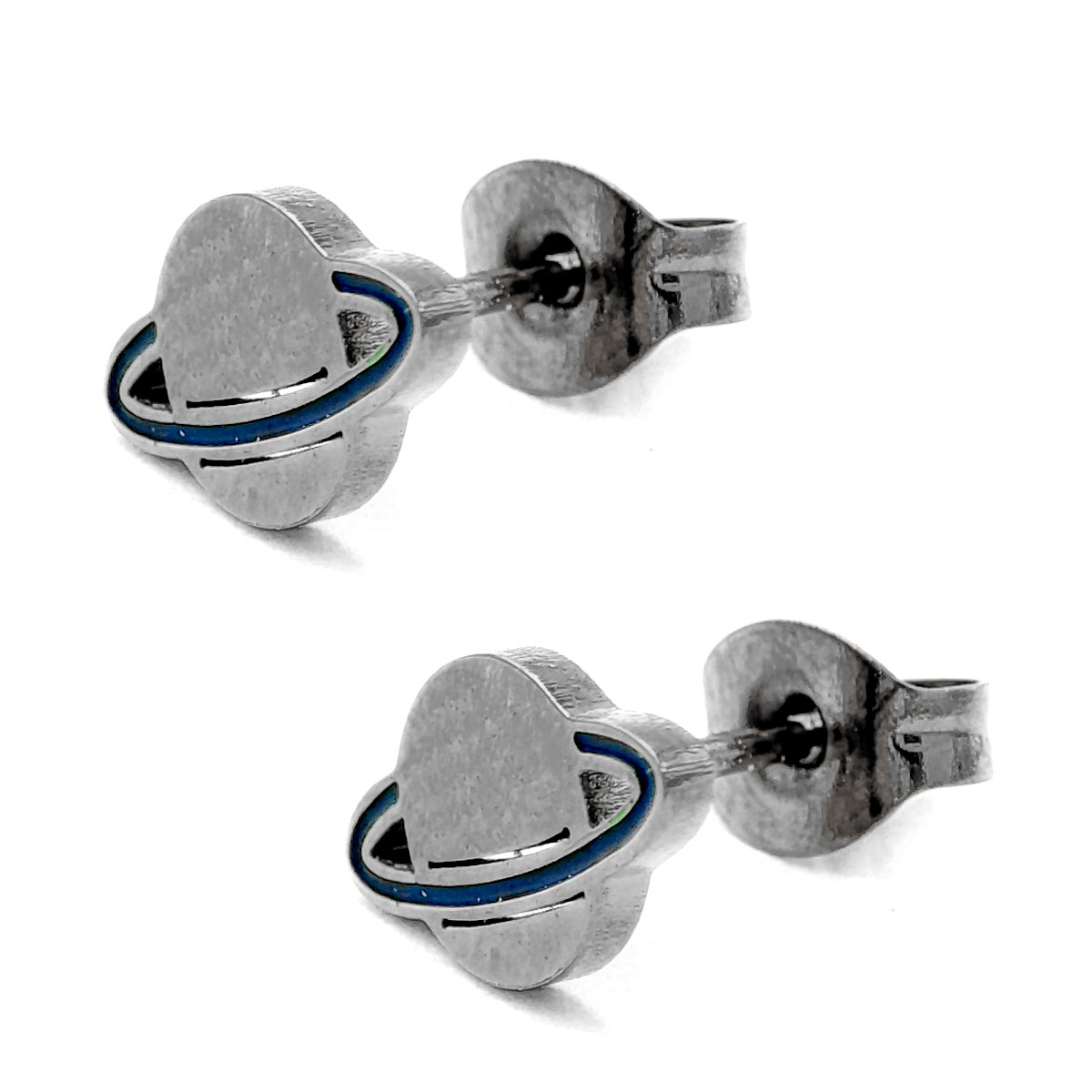 Aretes Acero Inox Plateado Tipo Broquel Planeta Saturno 2