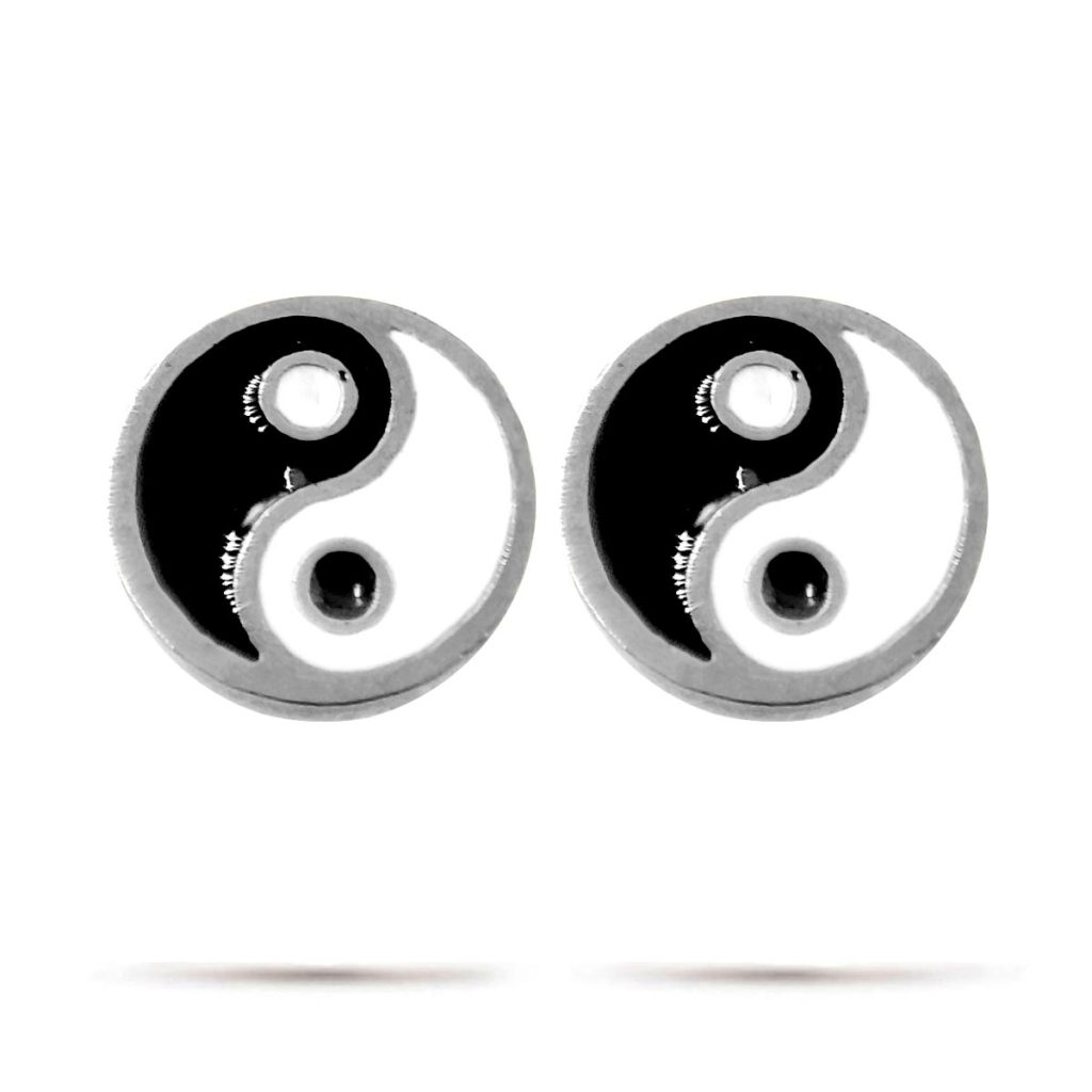 Aretes Acero Inoxidable Plateado Tipo Broquel Yin Yang