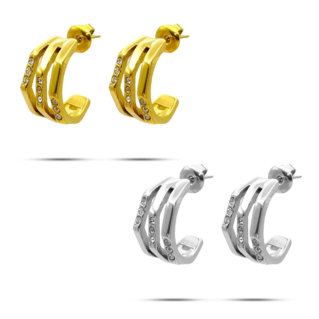 Aretes Acero Media Arracada Triple Geometricas Cristales 9