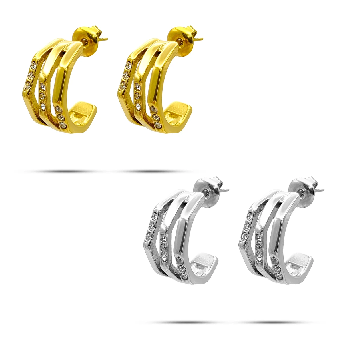 Aretes Acero Media Arracada Triple Geometricas Cristales 9