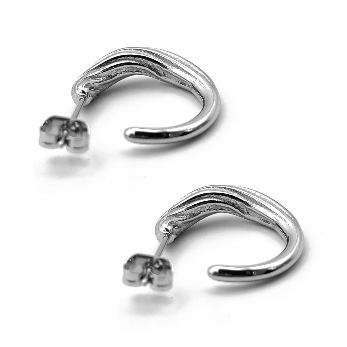 Aretes Acero Plateado Arracada Acanalada Diseno Irregular 2