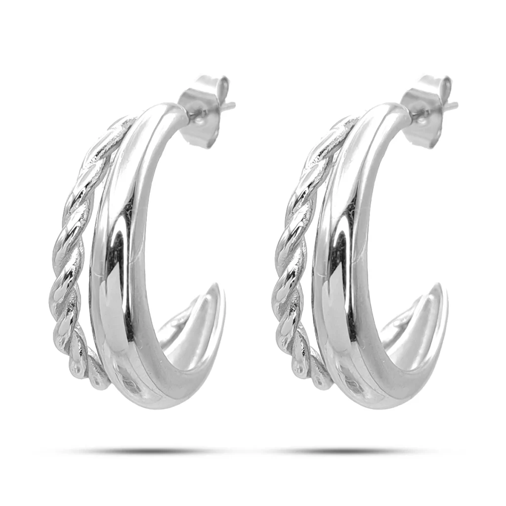 Aretes Acero Plateado Arracada Doble Torzal Tubo Liso 2