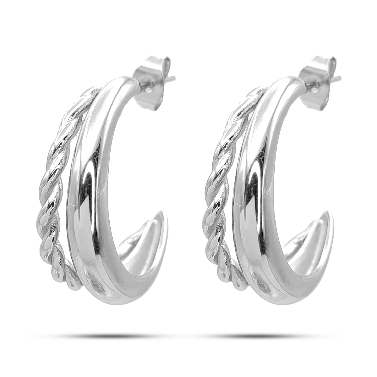 Aretes Acero Plateado Arracada Doble Torzal Tubo Liso 2