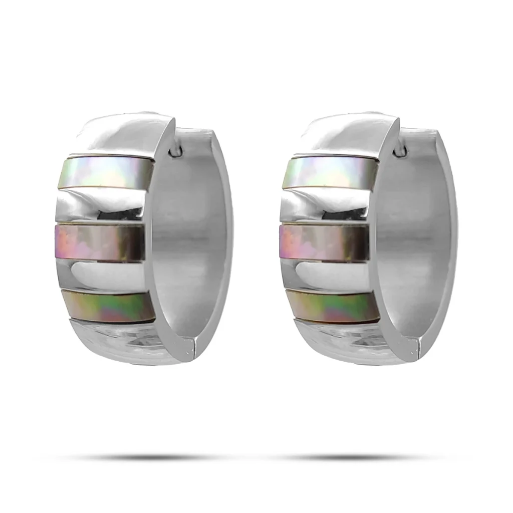 Aretes Acero Plateado Arracada Huggies Bandas Madre Perla 2