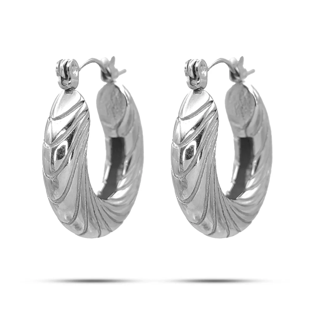 Aretes Acero Plateado Arracadas Patron Ondas Grabadas 2