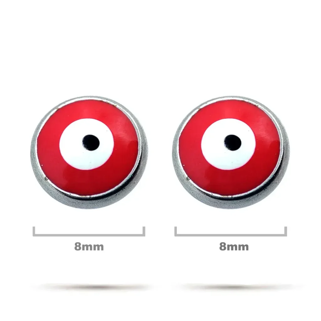 Aretes Acero Plateado Broquel Ojo Turco Rojo 8mm Proteccion