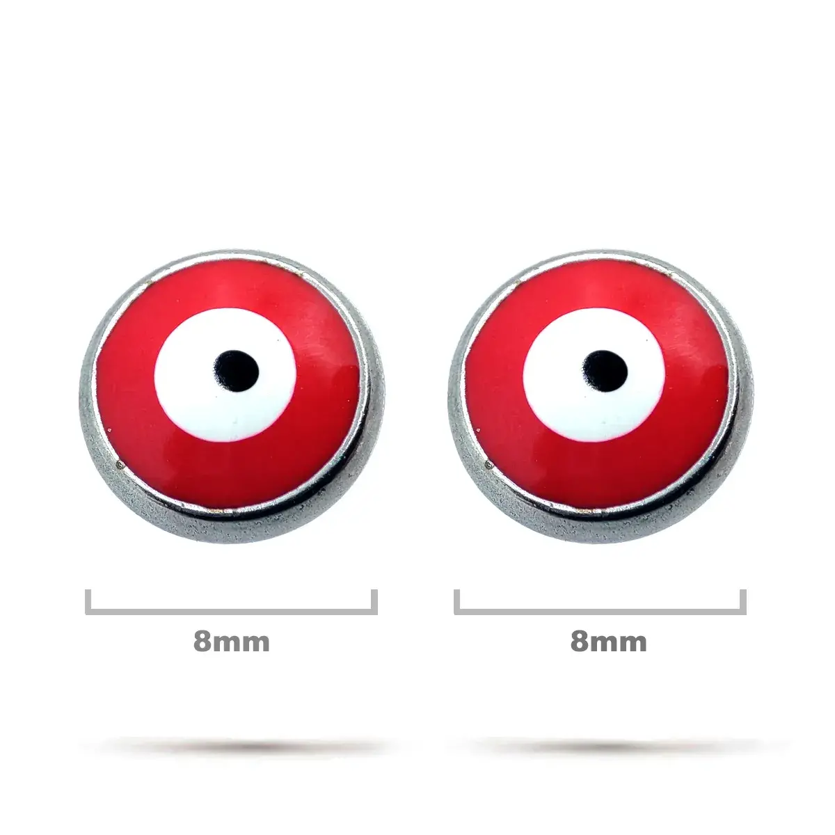 Aretes Acero Plateado Broquel Ojo Turco Rojo 8mm Proteccion