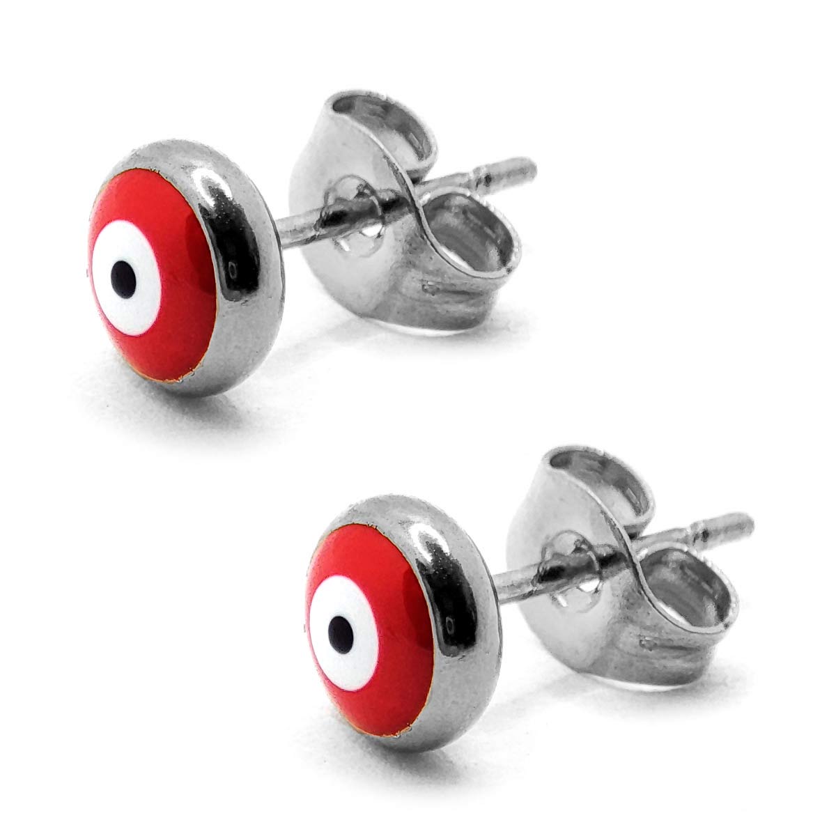 Aretes Acero Plateado Broquel Ojo Turco Rojo Proteccion 2
