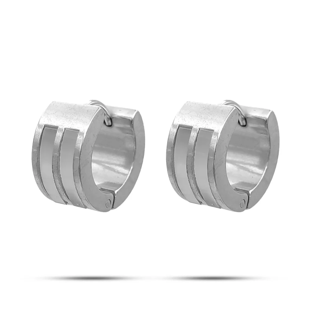 Aretes Acero Plateado Huggies Anchos Lineas Madre Perla 1