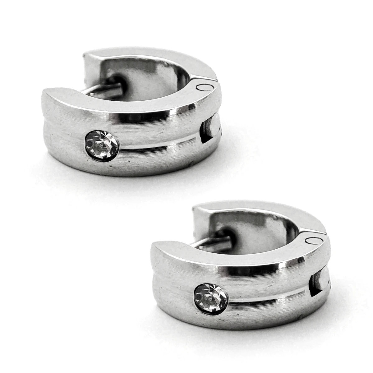 Aretes Acero Plateado Huggies Nina Dos lineas Cristal 1