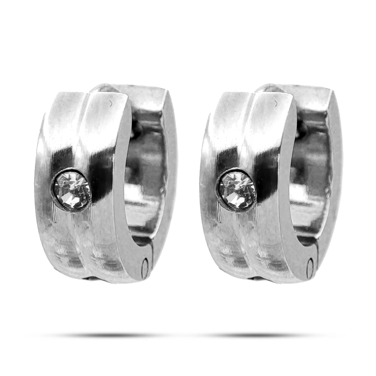 Aretes Acero Plateado Huggies Nina Dos lineas Cristal 3