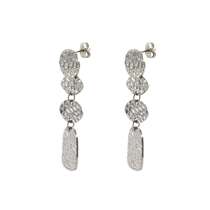 Aretes Acero Plateado Largos Ovalados Martillado Elegante 2