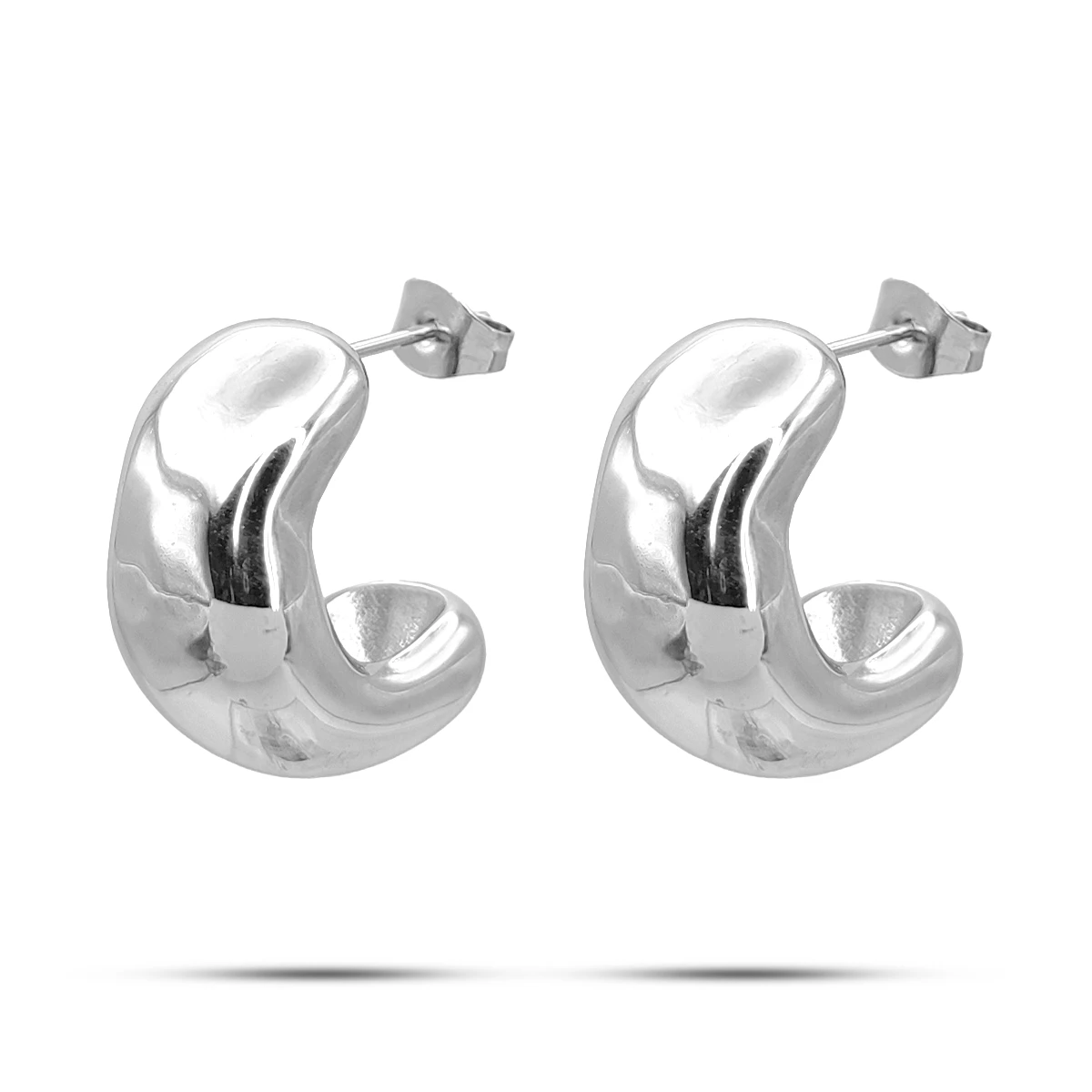 Aretes Acero Plateado Media Arracada Chunky Irregular 3