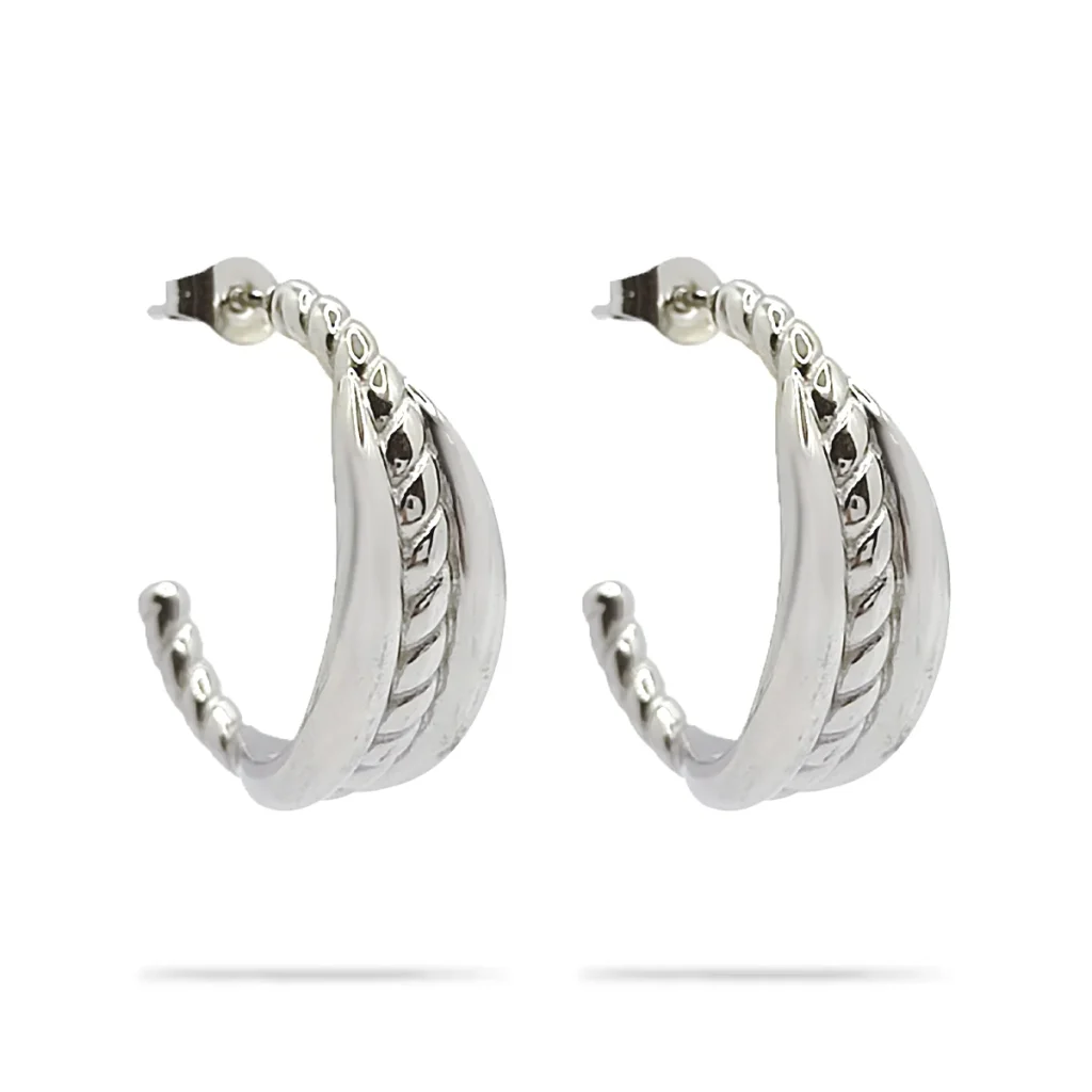 Aretes Acero Plateado Media Arracada Twist Liso Triple 2