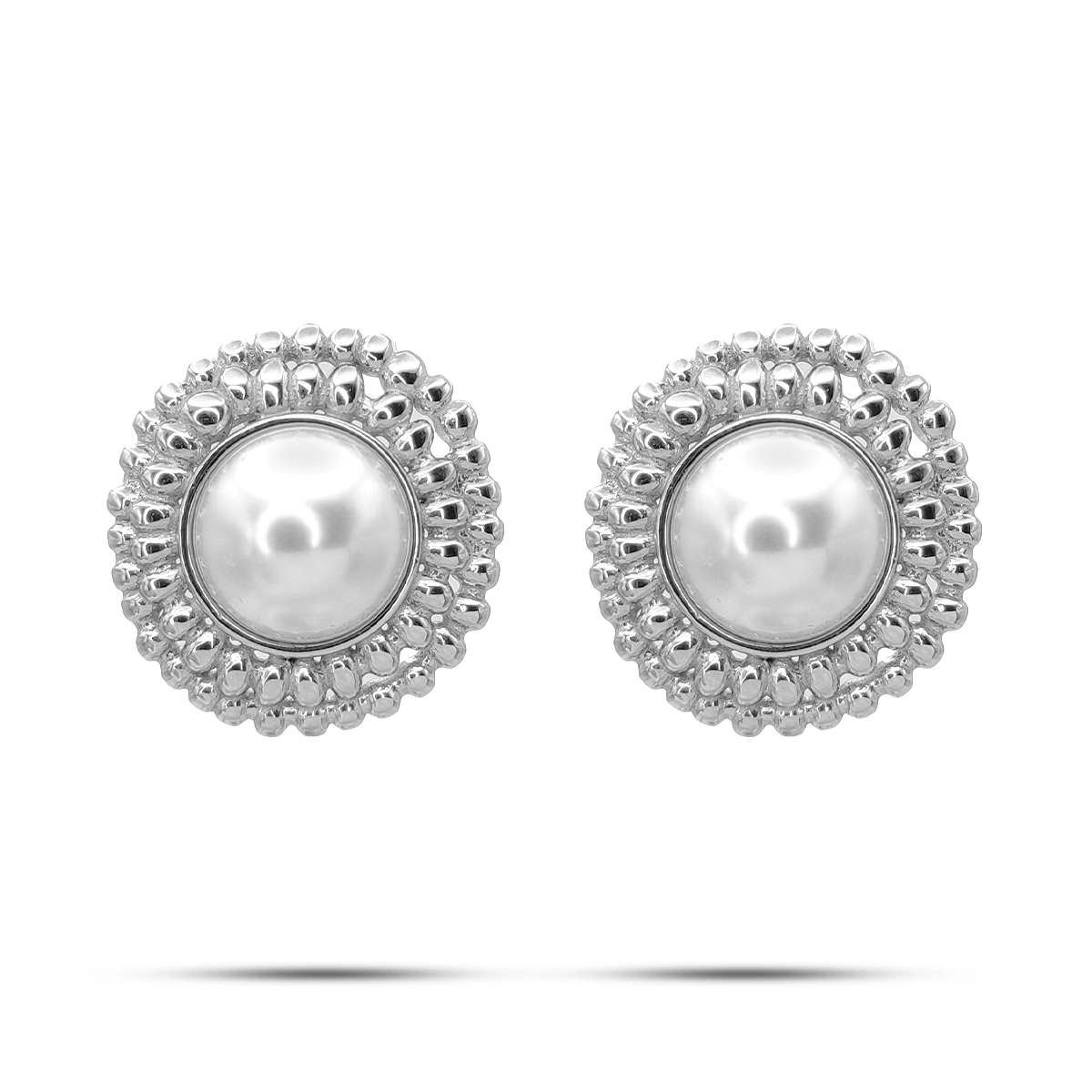 Aretes Acero Plateado Media Perla Contorno Ornamentado 1