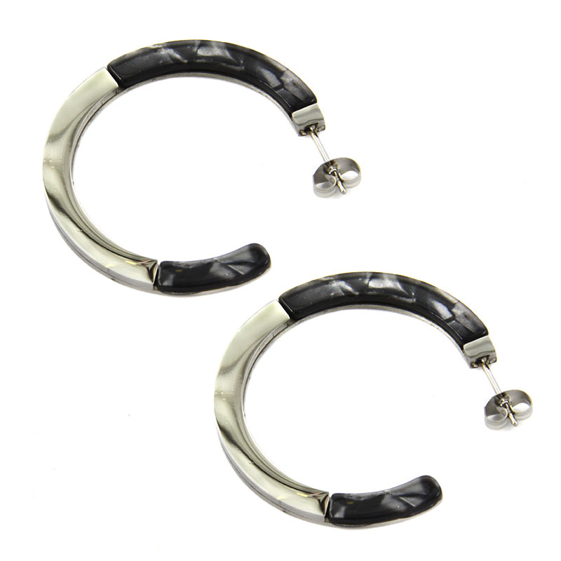 Aretes Acero Plateado Retro Media Arracada Plana Resina 2