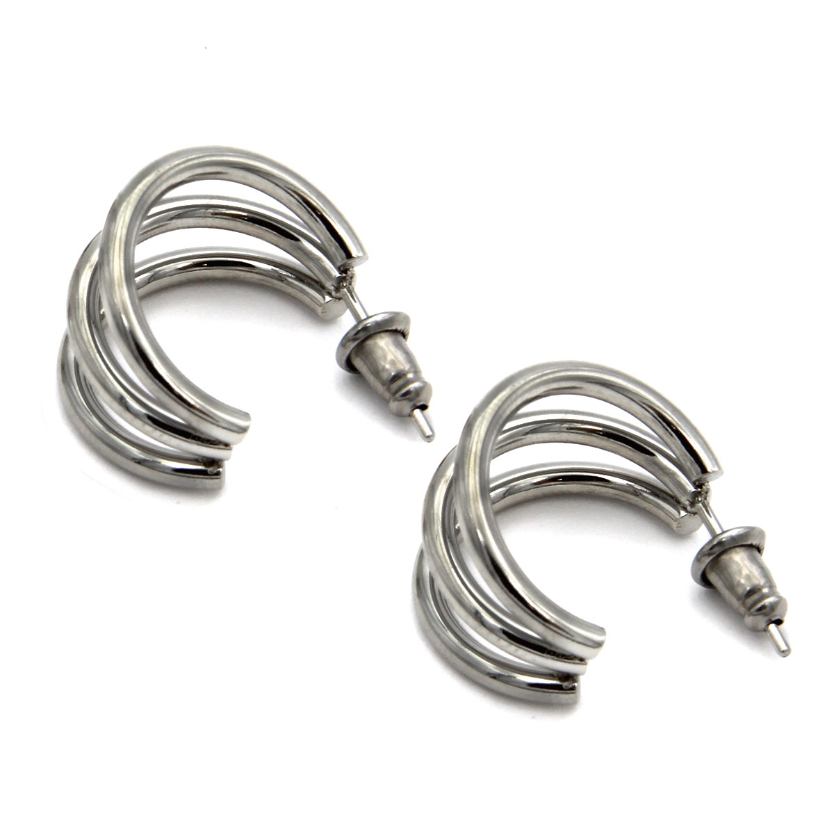 Aretes Acero Plateado Tipo Arracada 3 Media Linea Simple 27