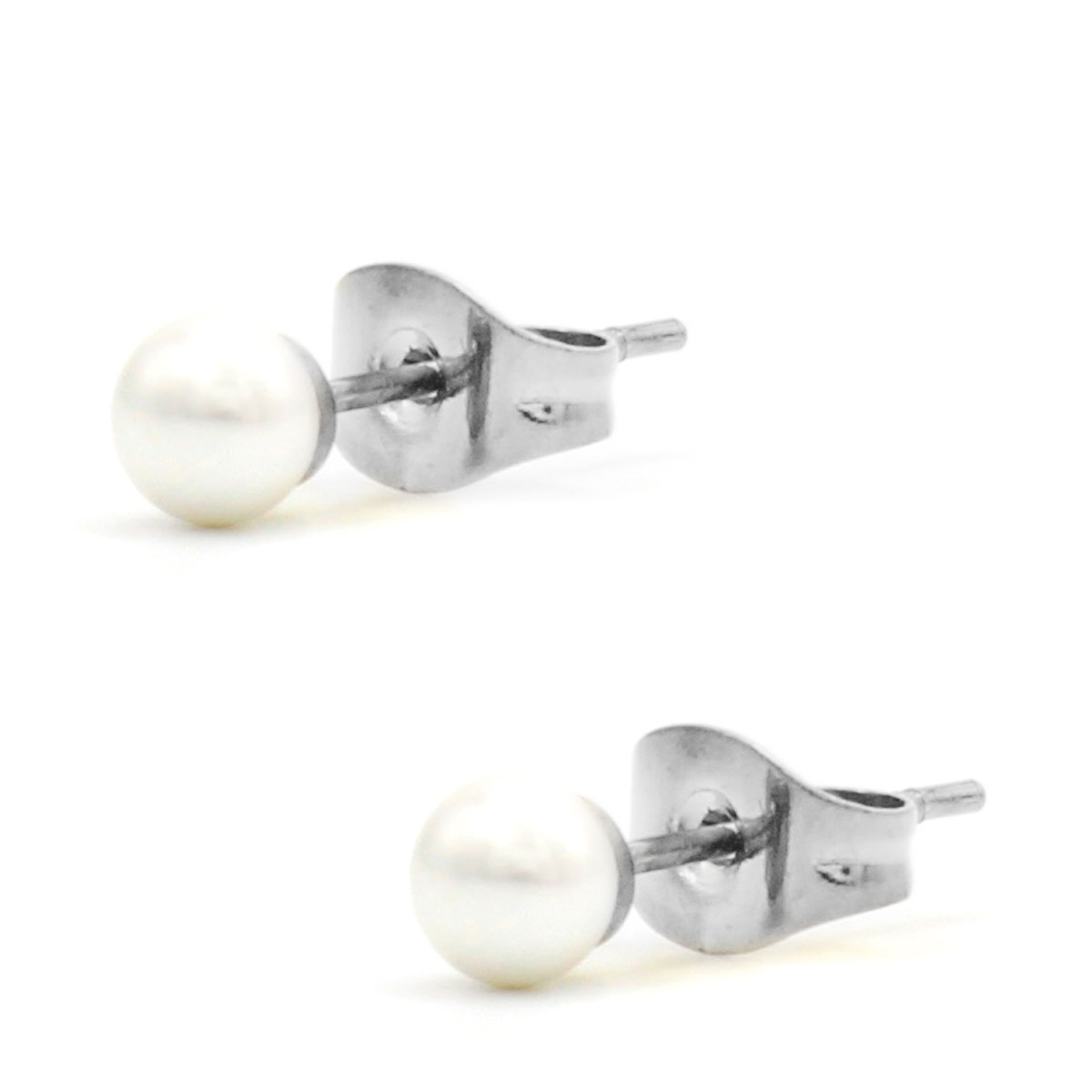 Aretes Acero Plateado Tipo Broquel Imitacion Perla 4mm 2