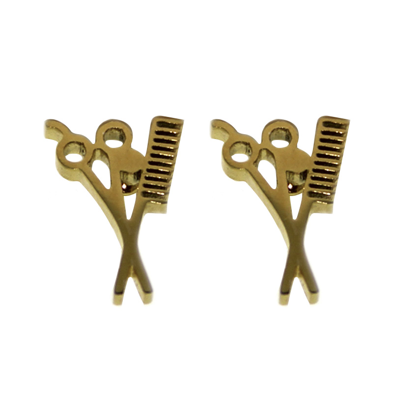 Aretes Acero Tipo Broquel Tijeras Peine Dorado