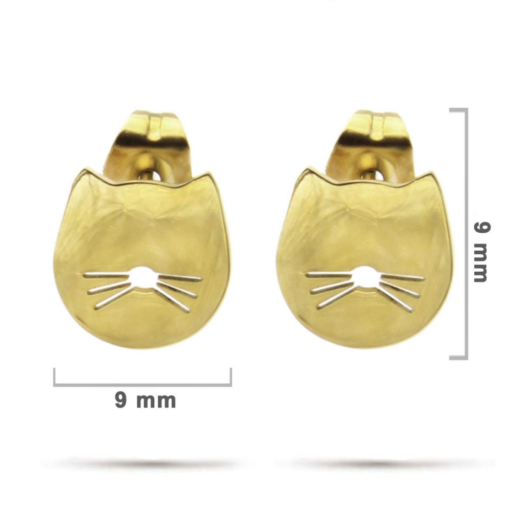 Aretes Tipo Broquel Acero Dorado Cabeza Lisa Gato Bigote