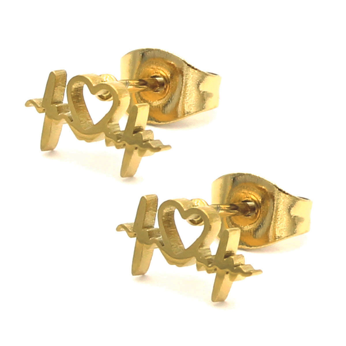 Aretes Tipo Broquel Acero Dorado Corazon Ritmo Cardiaco 2