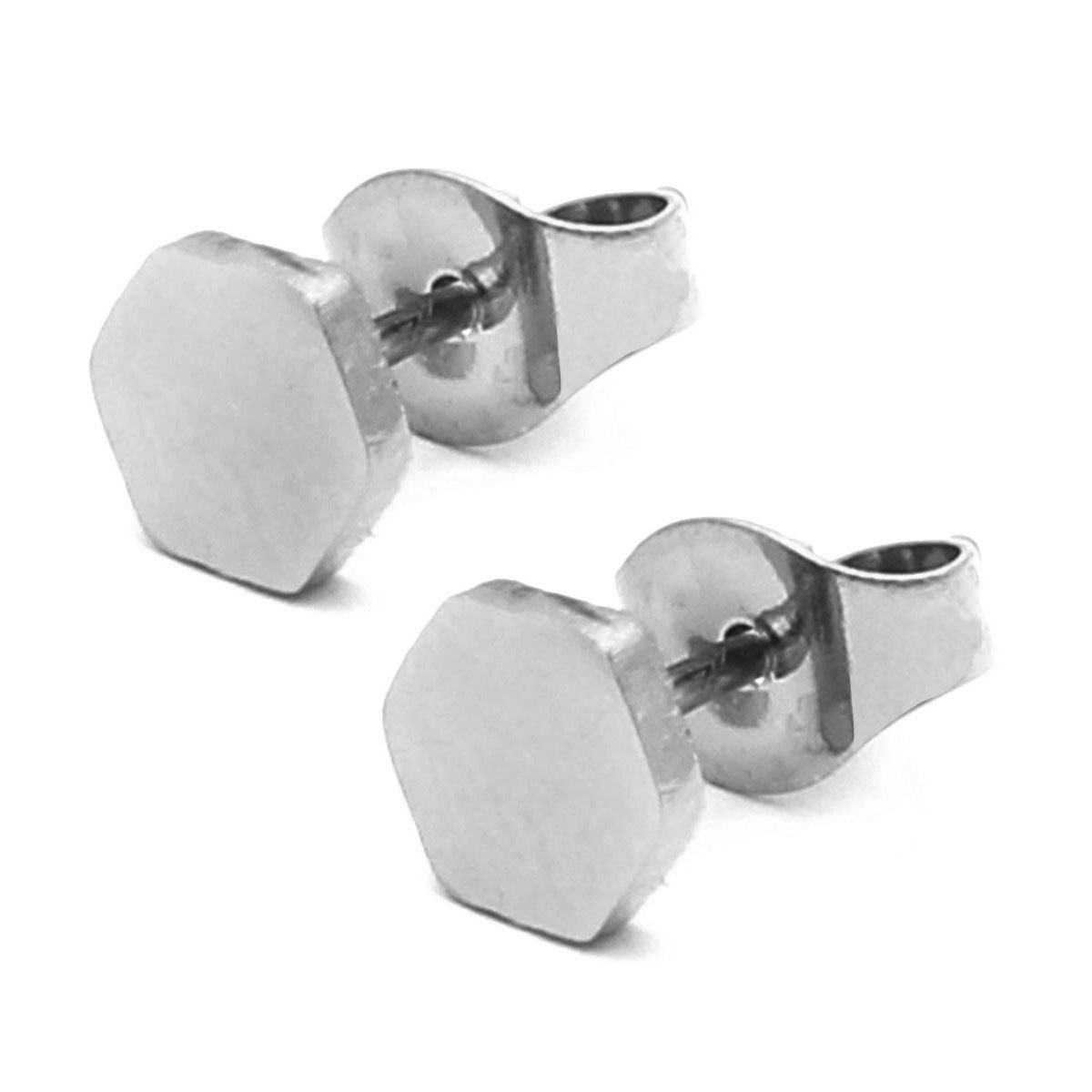 Aretes Tipo Broquel Acero Plateado Hexagono Liso 6mm 2