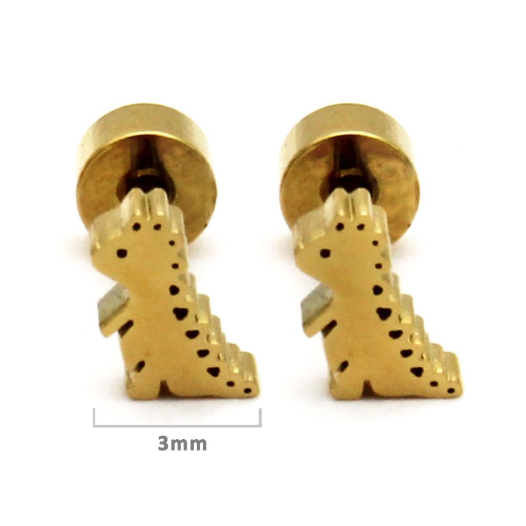Aretes Tipo Broquel Dormilon Acero Dorado Dinosaurio