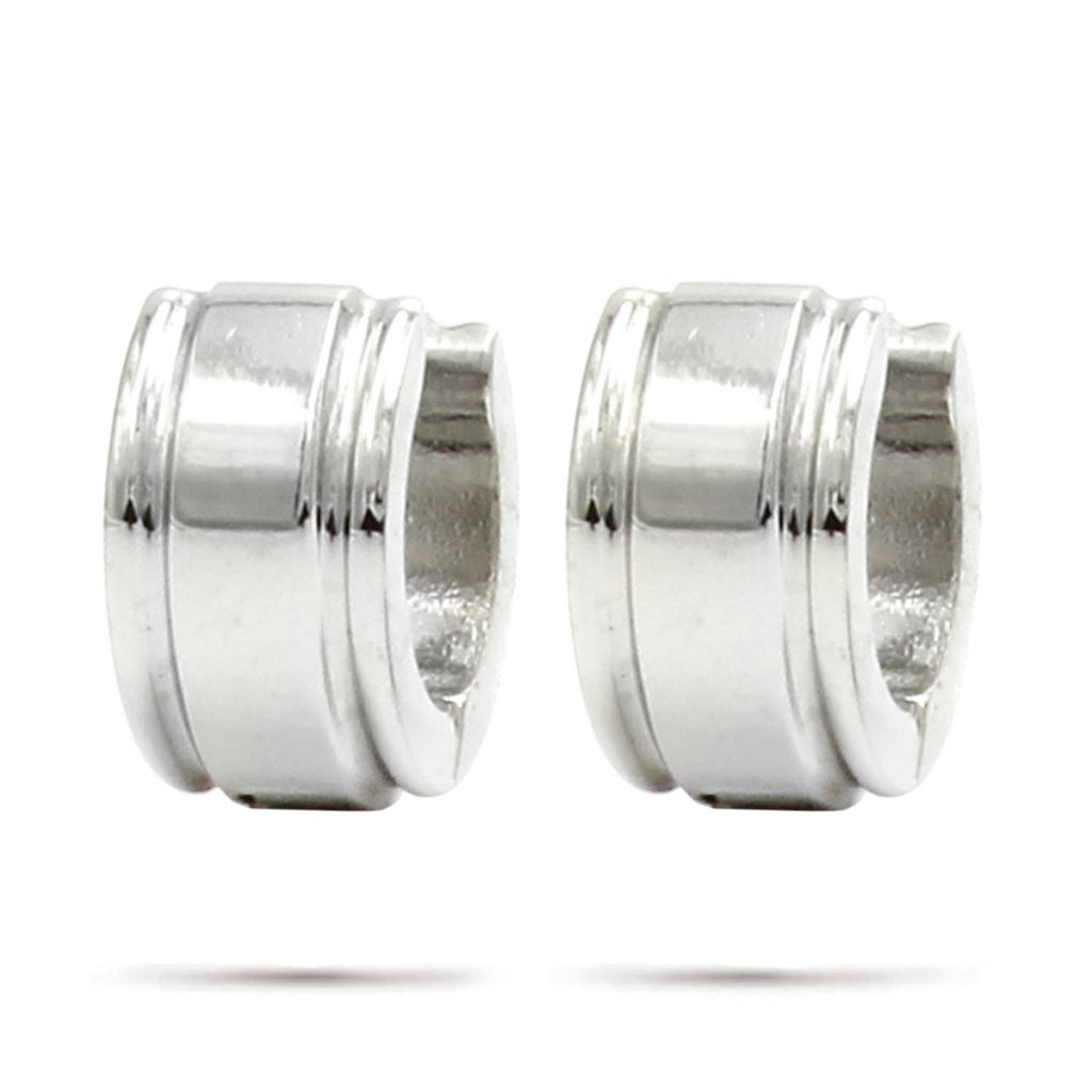Aretes Tipo Huggies Acero Plateado Anchas Lineas Dobles
