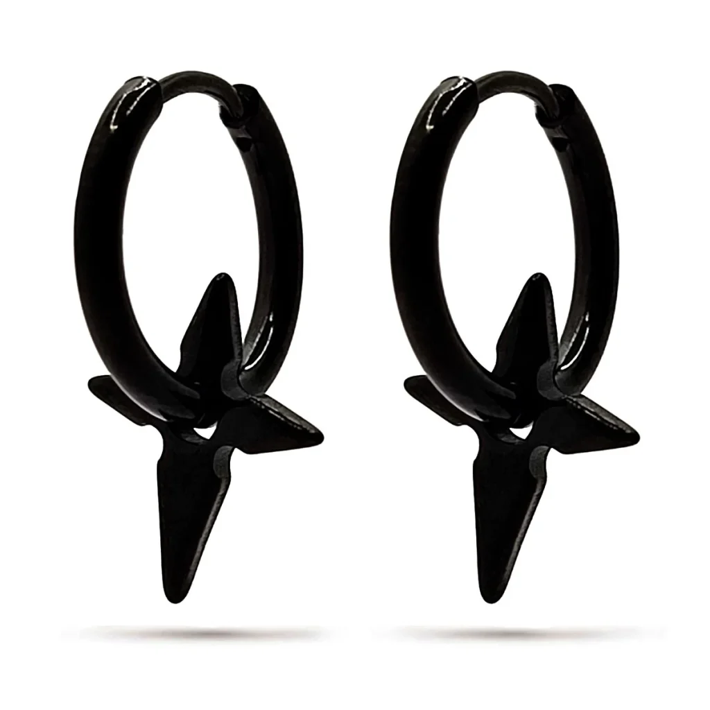 Aretes de Hombre Acero Inox Negro Cruz Ninja Shuriken 1