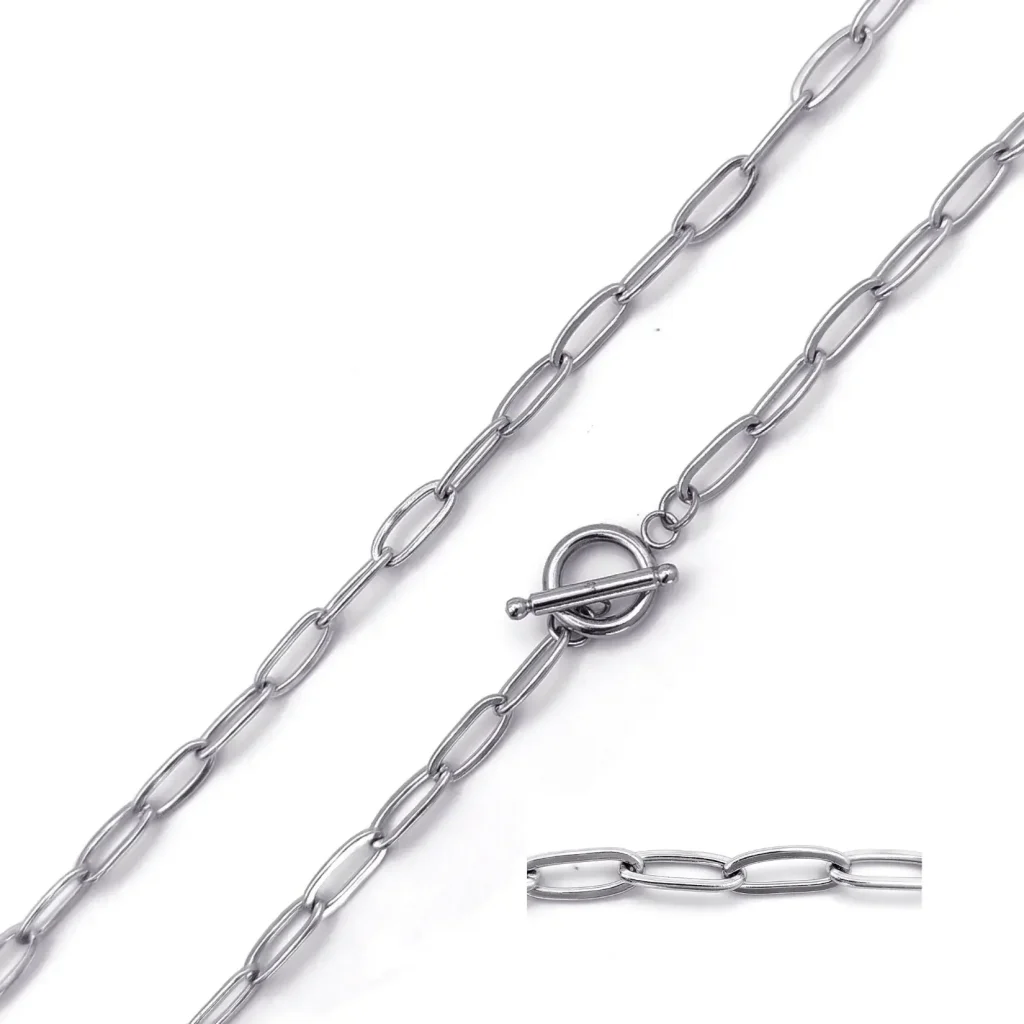 Cadena Acero Plateado Eslabon Oval Cierre Barra Choker