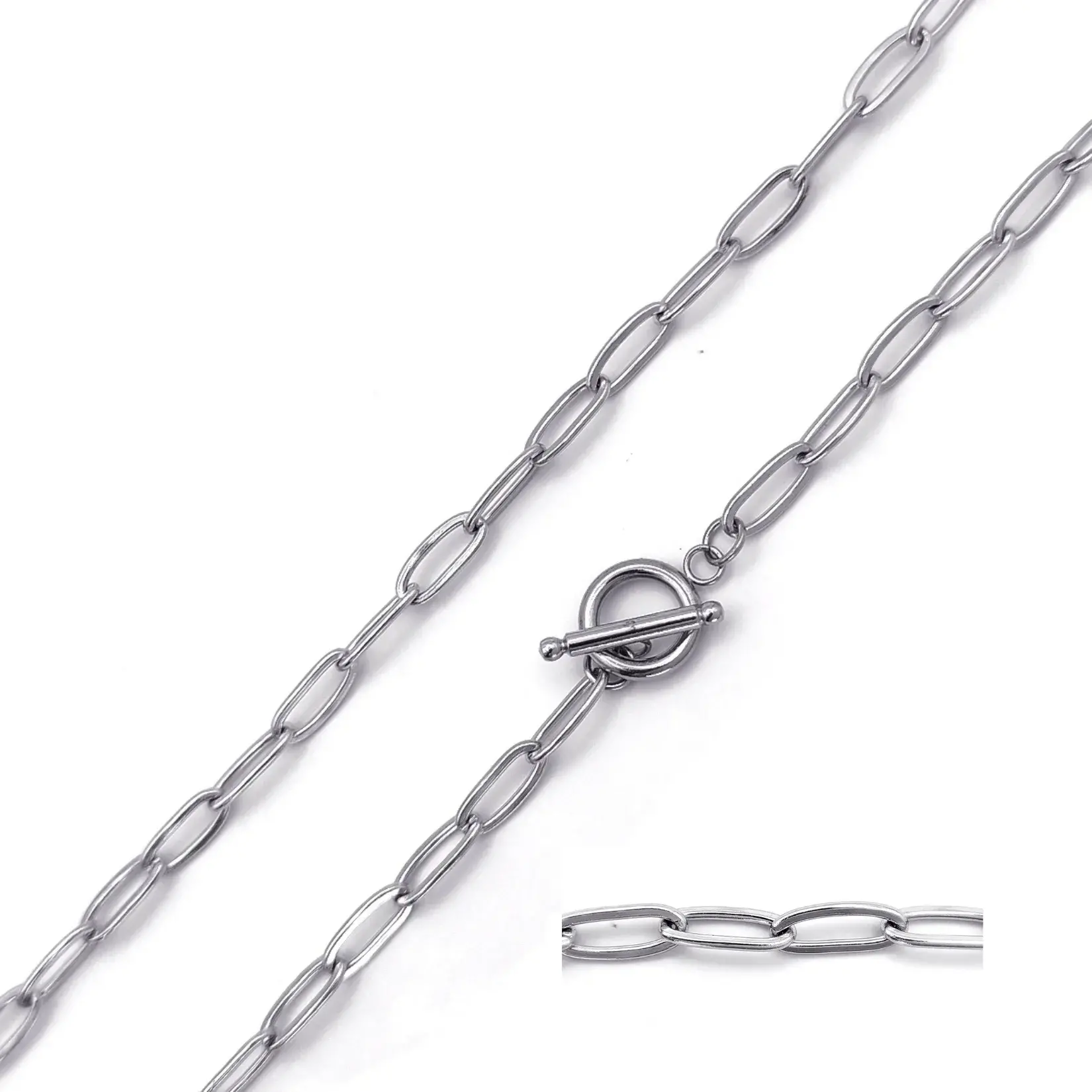 Cadena Acero Plateado Eslabon Oval Cierre Barra Choker