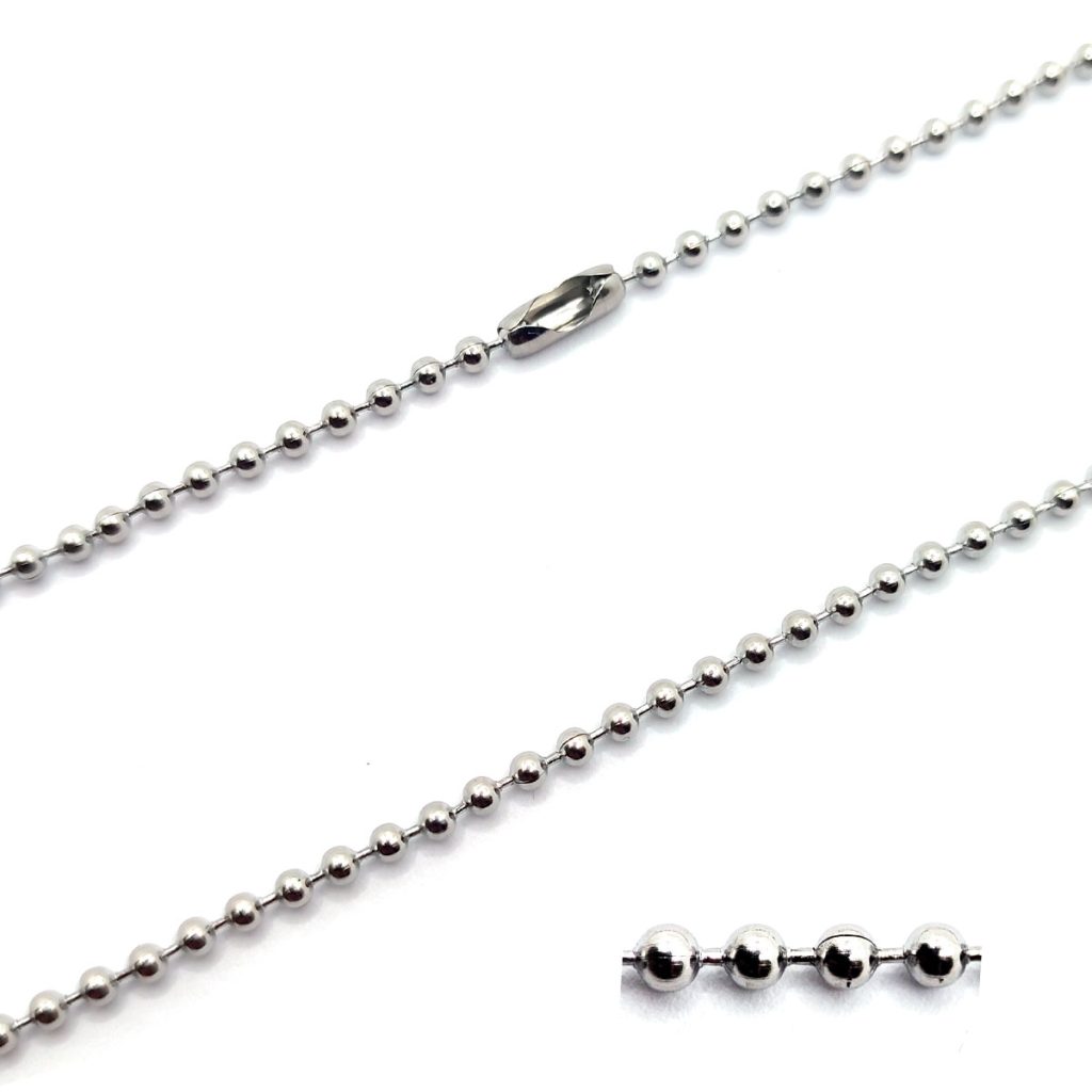 Cadena Acero Plateado Tipo Militar 2mm x 70cm Bolitas