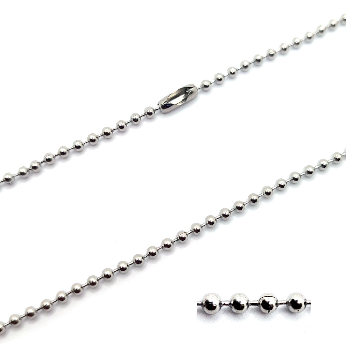 Cadena Acero Plateado Tipo Militar 2mm x 70cm Bolitas