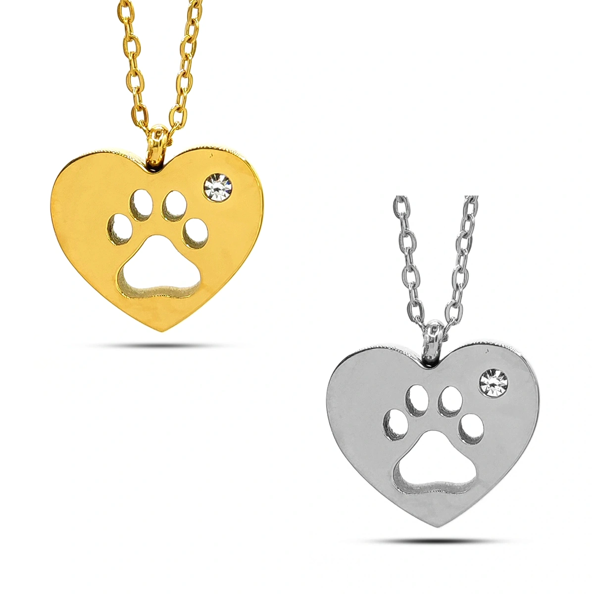 Collar Acero Corazon Huella Mascota Hueca Cristal Claro