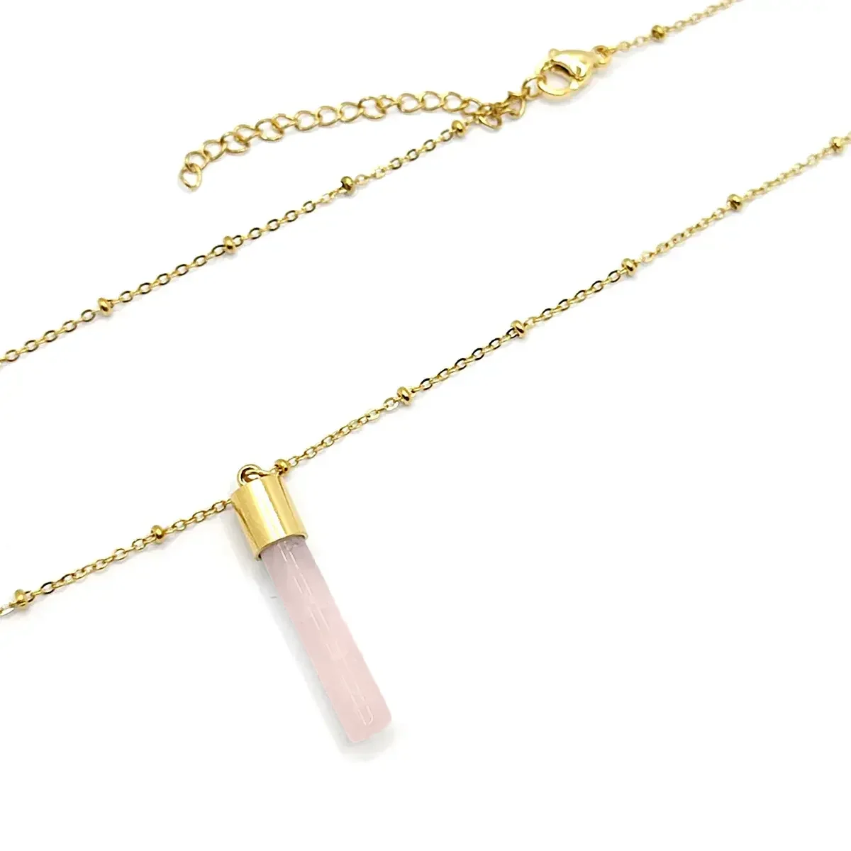 Collar Acero Dorado Cilindro Cuarzo Rosado Balines 3