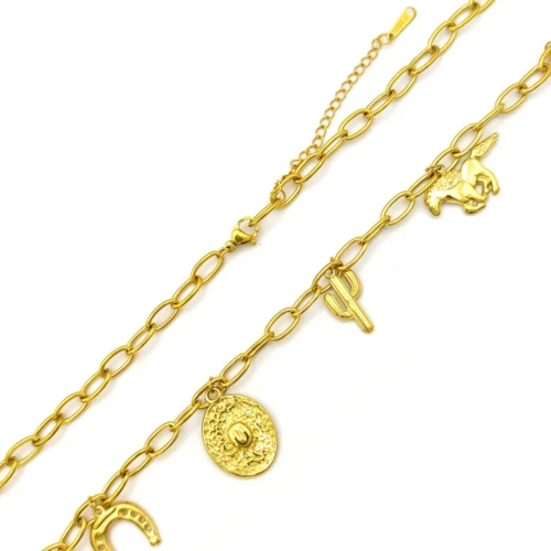 Collar-Acero-Dorado-Colgantes-Vaqueros-Caballo-Herradura-4.webp