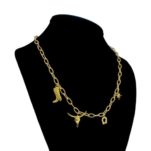 Collar-Acero-Dorado-Colgantes-Vaqueros-Toro-Herradura-1.webp