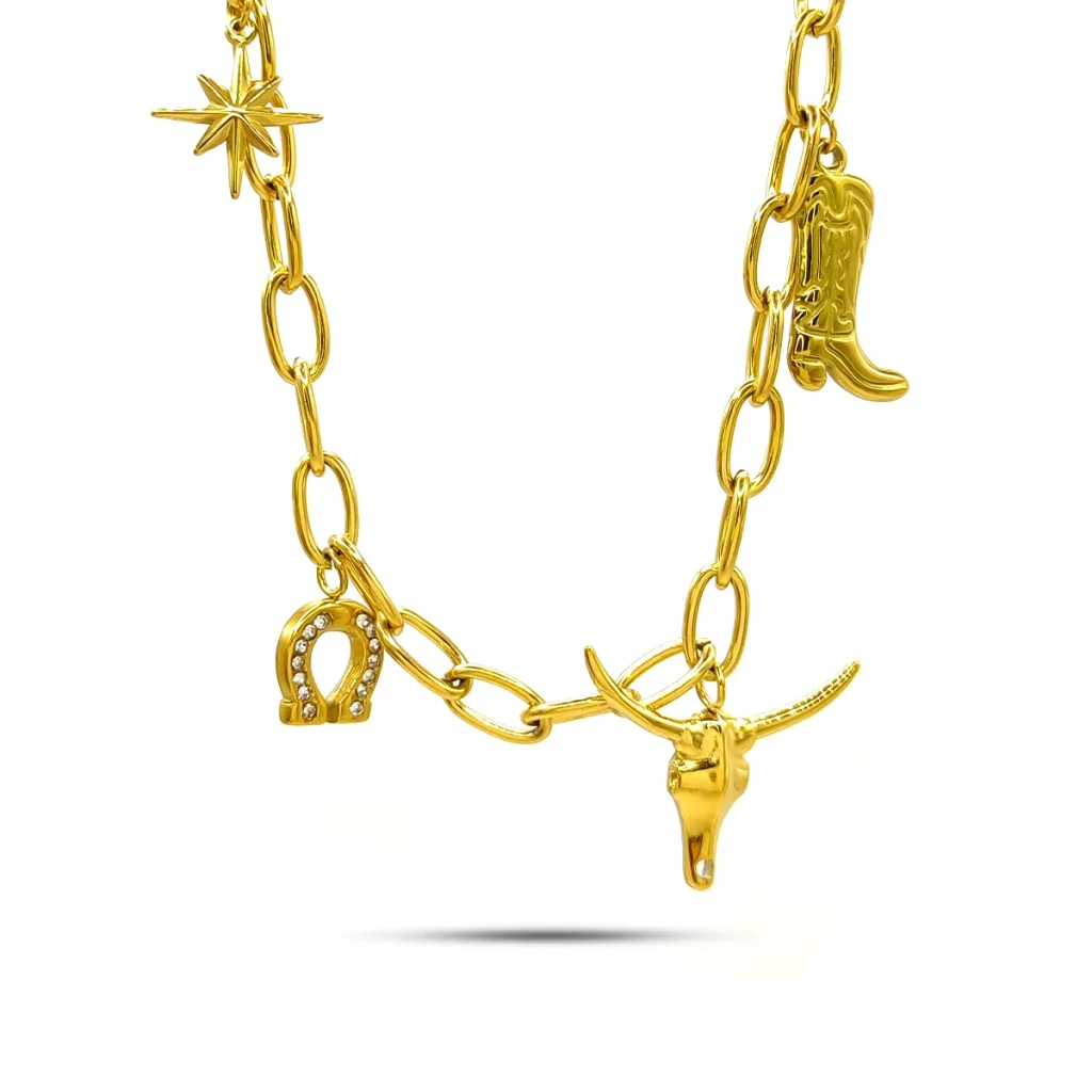 Collar Acero Dorado Colgantes Vaqueros Toro Herradura 2