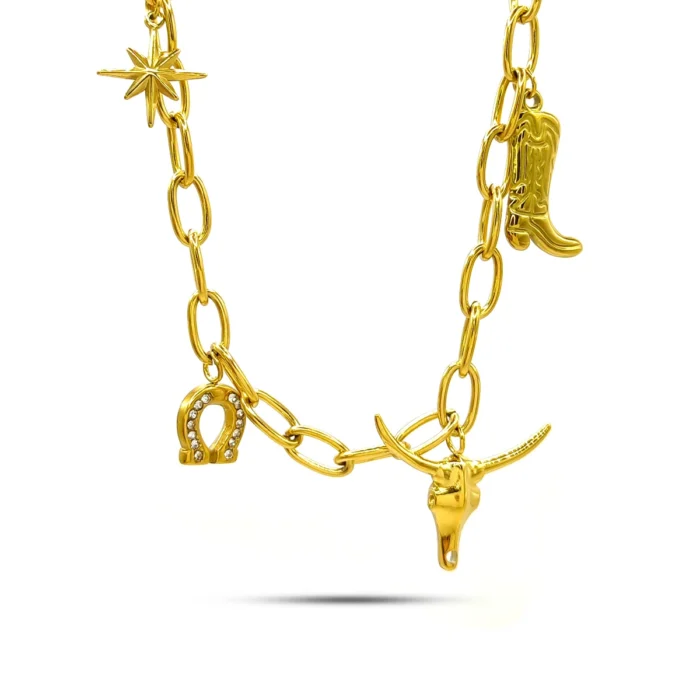 Collar-Acero-Dorado-Colgantes-Vaqueros-Toro-Herradura-2.webp