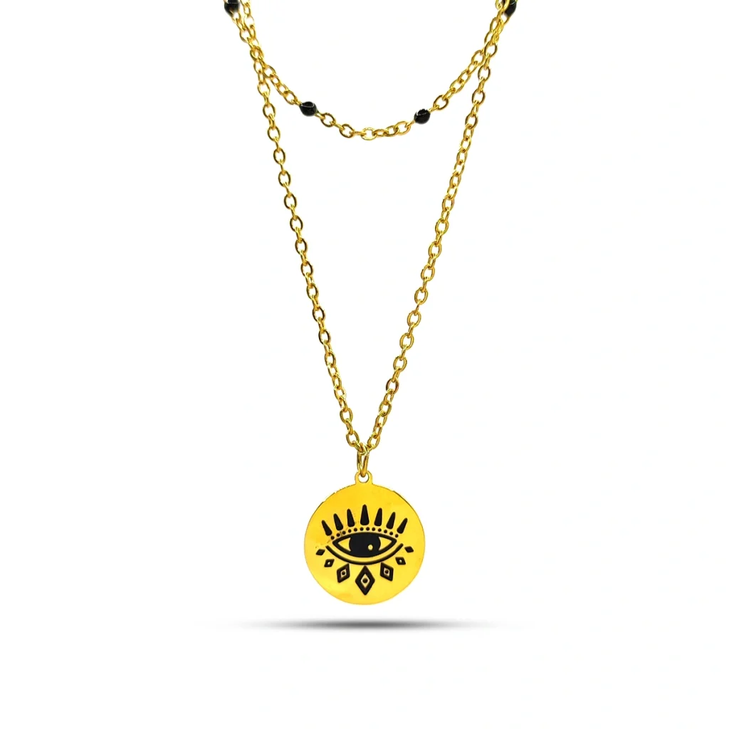 Collar Acero Dorado Doble Cadena Chaquira Negra Ojo 1